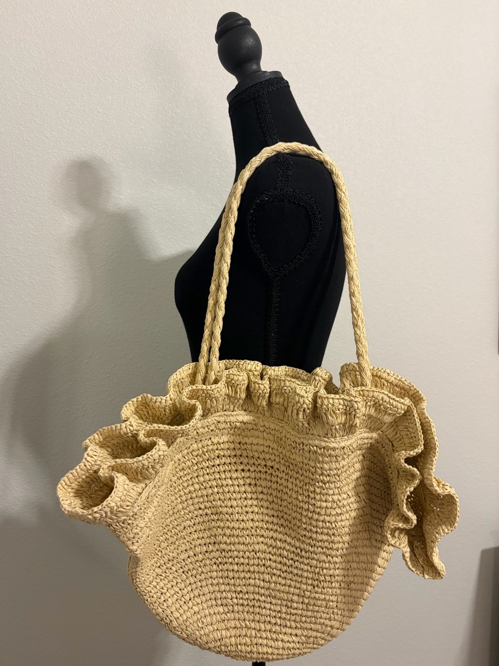 Natural Woven Ruffle Straw Tote Bag